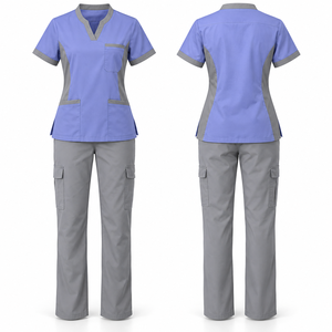 Ensemble de blouses médicales personnalisées pour femmes, bleu avec accents gris, haut à col en V, pantalon cargo, uniformes d'hôpital, tissu tissé en coton et polyester - Product Image 1