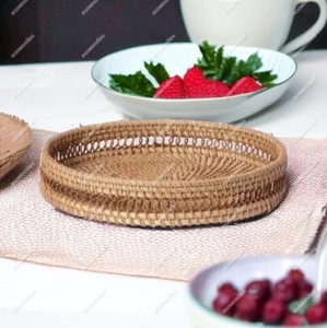 Plateau de service rond en bambou avec poignée plateau en rotin en bois panier couverts stockage naturel tissage osier servant pour la nourriture - Product Image 2