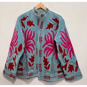 Autumn/<b>Winter</b> Suzani Velvet Embroidery Reversible Bomber Jacket Ladies Custom Logo <b>Quilted</b> Mandarin Collar Full Sleeve Short - Product Image 6