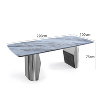 Table à manger rectangulaire Dubai 220 cm en marbre bleu et argent, 6 places, avec pieds stables, design contemporain
