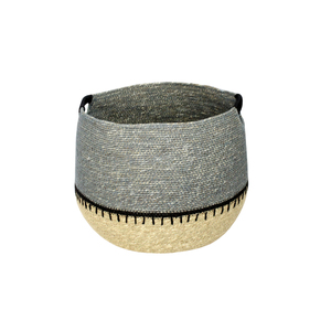 Panier de rangement vintage fait main en jonc de mer tressé avec poignées, gris et crème bicolore, panier à linge organisateur - Product Image 1
