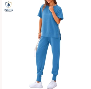 Ensemble de survêtement décontracté bleu pour femme INDEX APPAREL, manches courtes, col rond, coupe ample, pantalon long, couleur unie, tenue de printemps - Product Image 1