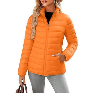 เสื้อแจ็คเก็ตผู้หญิงแบบพัฟเฟอร์น้ำหนักเบาสำหรับฤดูหนาว  แบบมีซิปเต็มตัว คอตั้ง  4 กระเป๋า  บุผ้าฟลีซ  สีส้ม - Product Image 1