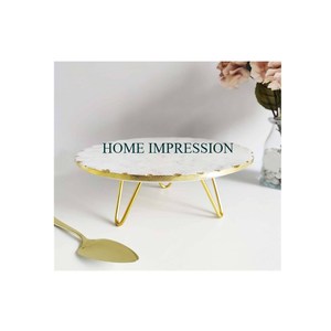 Rustic Wedding <b>Cake</b> Stand <b>Gold</b> Color Metal Frame With Marble <b>Top</b> Round Shape Dessert Display Handmade for Weddings & Other Event - Product Image 1