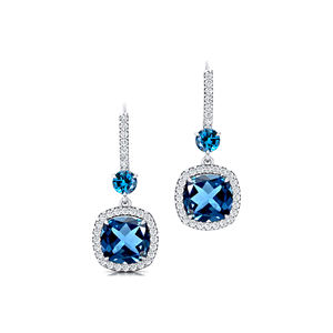 Boucles d'oreilles pendantes en or massif 18 carats avec topaze bleue naturelle de Londres et diamants faits à la main pour femmes - Product Image 2