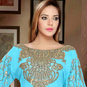 Turquoise embroidered georgette islamic <b>kaftans</b> - Product Image 1