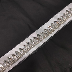 Handmade Silver Crystal Stone <b>Embellished</b> Floral Border Fancy Lace Fabric with Diamond Lace Trim Soft Net Material - Product Image 1