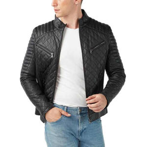 Chaqueta de cuero negro ajustada personalizada para hombre con cuello levantado, cortavientos acolchado para uso informal en motocicleta y uso al aire libre - Product Image 4