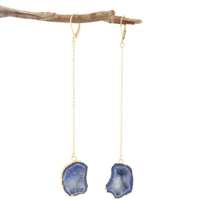 Pendientes colgantes de druzy de geoda azul real natural de moda creativa, cadena de eslabones chapada en oro de 24K, Pendientes colgantes con clip para mujer - Product Image 1