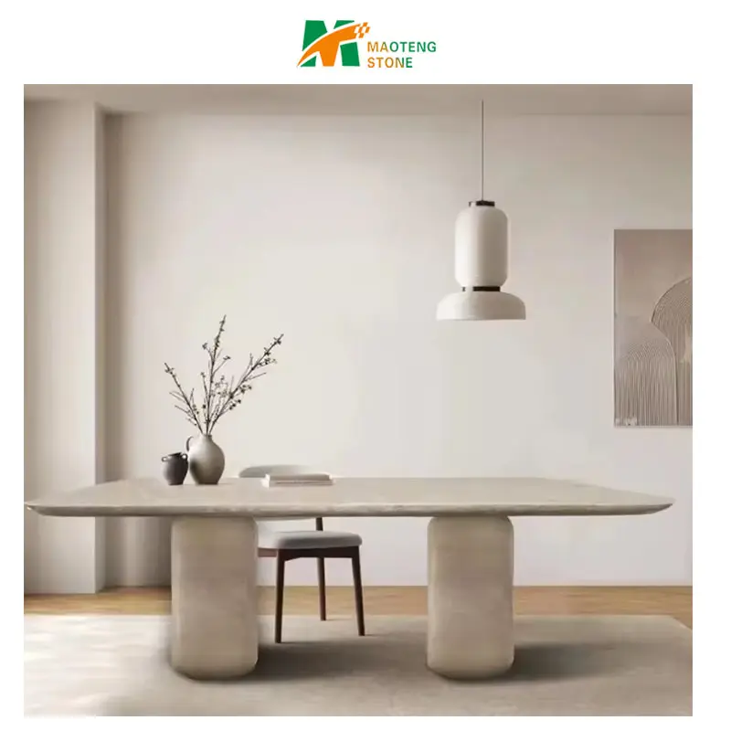 Muebles de comedor beige ovalado de estilo nórdico, mesa de mármol travertino, mesa de comedor moderna