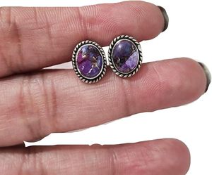 Boucles d'oreilles clous pour femmes, pierre précieuse turquoise cuivre naturel violet, bijoux unisexes faits à la main, argent sterling 925 - Product Image 1