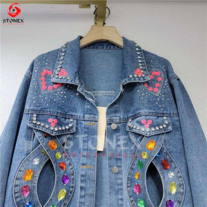 Femmes Automne Nouvelle Mode Irrégulière Cristal Perles Oversize Femmes Jean Veste En Gros Vestes Personnalisées - Product Image 2