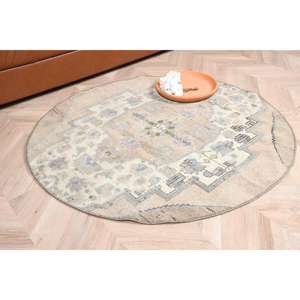 Alfombra Turca Redonda Vintage de 3.5x3.5 pies, Alfombra Sólida Azul Grisácea - Product Image 1