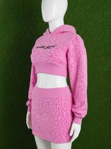 Pink Flock Print Crop Hoodie <b>Set</b> Women's Textured Full Sleeve Active Stretch Mini Skirt Outfit - Product Image 3