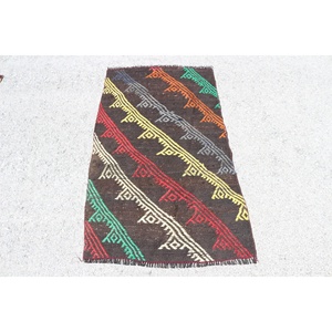 Vintage Small Rug 2.6x4.8 ft, Turkish Kilim <b>Brown</b> Abstract <b>Wool</b> Rug - Product Image 1