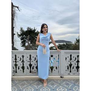 Vestido Maxi Elegante con Cuello Drapeado Azul para Mujer, Marca missJANELL, Mezcla de Poliéster y Elastano Tejido en Dubái, Silueta Larga en Línea A para Uso Diario - Product Image 1