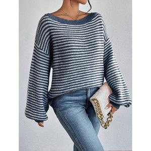 Pull en tricot ample à épaules tombantes rayé pour femme, style coréen décontracté - Product Image 6