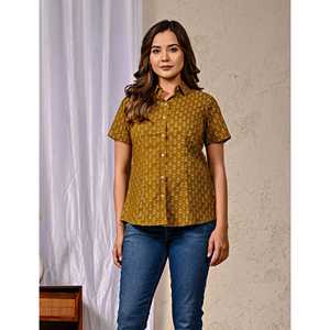 Camisa de Manga Media para Mujer, de Algodón Color Mostaza, Estampada, de Popelina - Product Image 3