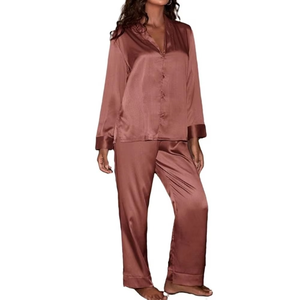 Conjunto de 2 piezas de pijama transpirable para mujer, manga larga y personalizada de cuello vuelto ropa de dormir en diferentes colores, venta al por mayor - Product Image 5