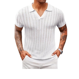 Chemise à col en V tricotée pour homme, 100 % coton, écologique, respirante, confortable, manches courtes, production en gros - Product Image 4
