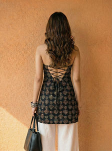 Traditional Ethnic Short <b>Kurti</b> 100% Cotton Printed Halter Neck Designed For Comfort & Style Adjustable Criss-cross Back For Ease - Product Image 3