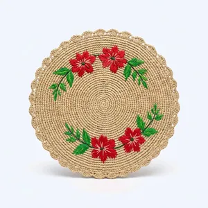 <b>Round</b> Handmade raffia Bohemian Table <b>Mat</b> With Pink Floral Embroidery Green Base - Product Image 2
