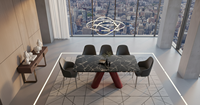 Table de salle à manger moderne en marbre noir avec pieds en métal rouge, ensemble de meubles contemporains de luxe pour villa haut de gamme ou hôtel restaurant