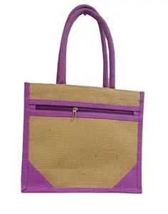 Laminated jute tote bag 100% natural & pink burlap jute shopping bags with linen weaved padded handle durable bag