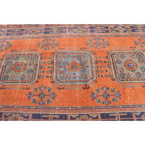 Grand tapis turc vintage 4,7x11,7 pieds, tapis en laine à motifs floraux orange et bleu - Product Image 5