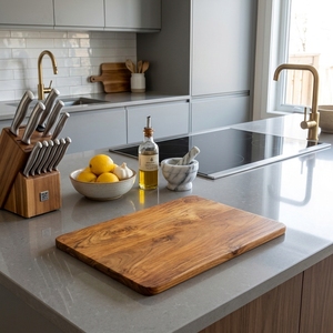 Planche à découper en bois de teck écologique, épaisseur 1,5 cm, passe au lave-vaisselle, durable pour hacher, trancher et servir - Product Image 5