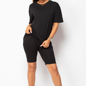 Nouveautés Vêtements d'été Ensemble t-shirt et short de détente pour femmes 100% coton tissu élasthanne fabriqué Ensemble short de cycliste et t-shirts pour femmes - Product Image 6