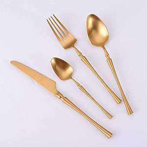 Juego de Cubiertos de metal con acabado dorado con mango redondo delgado para juegos de cubiertos de mesa de boda y restaurante - Product Image 1