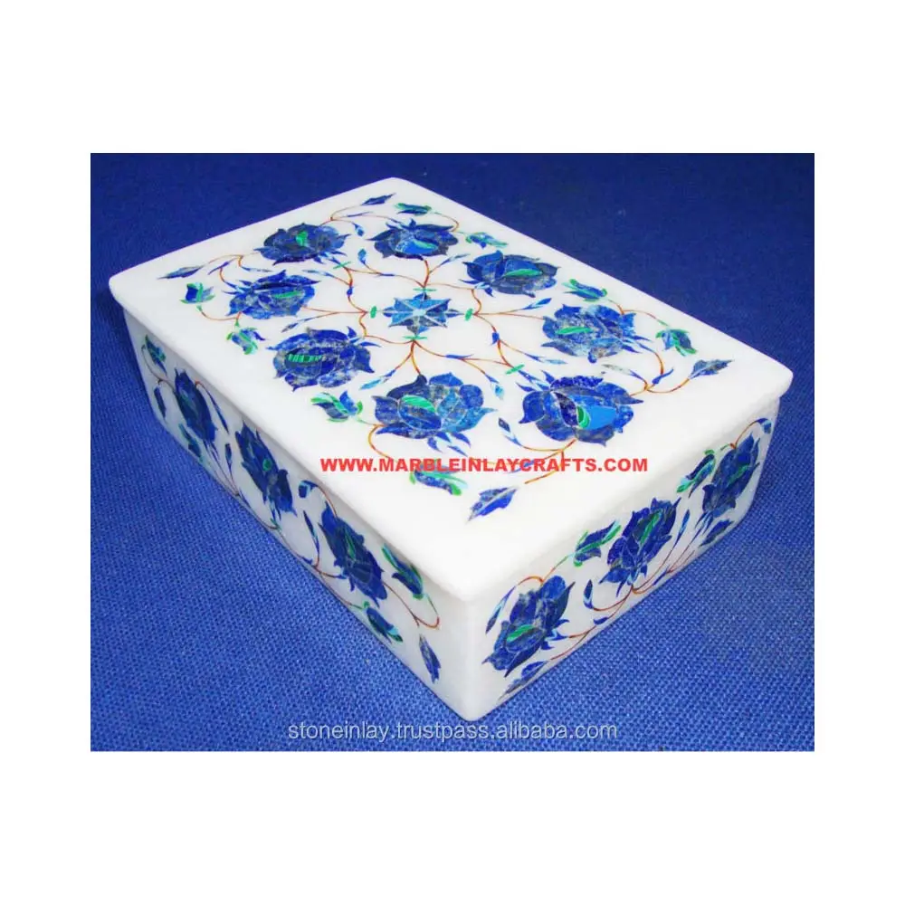 手作りのピュアブルーラピスラズリ装飾美しくデザインされた長方形の形のジュエリーボックスをカスタマイズ