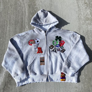 Sudadera con capucha con doble cremallera lavada vintage desgastada mezclada con algodón personalizada para Hombre Sudaderas con cremallera bidireccional con apliques bordados - Product Image 1