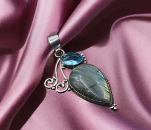 Pendentif en labradorite et topaze bleue, argent sterling 925, fait à la main, magnifique bijou en pierres précieuses, cadeau pour enfants et femmes - Product Image 3