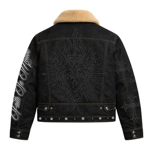 Veste en toile denim zippée coupe-vent d'hiver à col montant pour homme, style streetwear, effet vieilli et délavé personnalisé - Product Image 3