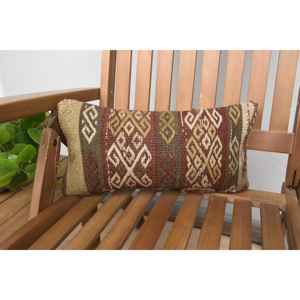 Oreiller patchwork Kilim en laine brune 8x16 pouces oreiller d'accent rustique de luxe avec literie en soie tissée à imprimé floral vintage - Product Image 1