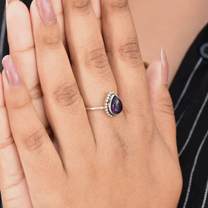 Anillo de plata de pera de amatista púrpura, joyería de piedras preciosas hechas a mano de Plata de Ley 925, anillo de declaración bohemio para mujer, regalo para ella - Product Image 1