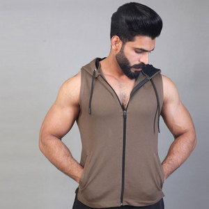 Camiseta sin mangas con capucha y cremallera completa para hombre, 100% algodón, para gimnasio, con logo personalizado, OEM, fitness, al por mayor - Product Image 2