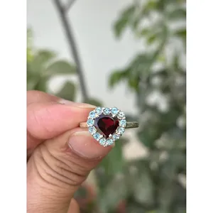 Bague Cœur en Argent 925 avec Grenat Naturel, Tendance, Sertie Or Rose et Plaqué Or Rhodium 18K, Plusieurs Options Disponibles - Product Image 1