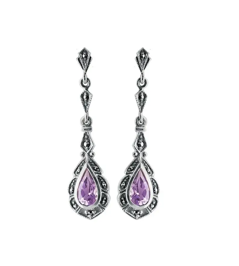 925 anting-anting perak murni hitam oksimeter desain Victoria batu Amethyst wanita perhiasan perak anting-anting hadiah ulang tahun Pasangan