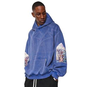 Sweat-shirt à capuche en coton surdimensionné de couleur bleue, sweat-shirt d'hiver haut de gamme à manches longues avec poche kangourou - Product Image 1