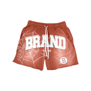 Premium 320 GSM cotton fleece acid wash shorts black red distressed <b>studded</b> design screen print applique logo <b>men's</b> shorts - Product Image 3