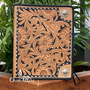 Premium Document Organizer Hot Selling Tooled Leather <b>A4</b> A5 Size File Cover Floral Design <b>Portfolio</b> Organizer Office Binder - Product Image 1
