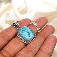 925 Sterling Silber Verschluss Echter Larimar Dominikanischer Anhänger Handgefertigte Modische Gliederkette Halskette Unisex Indischer Hersteller