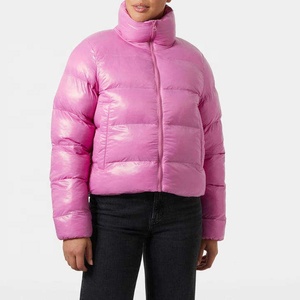 Custom Women's Cropped Puffer Coat Pink Glossy High <b>Neck</b> <b>Padded</b> Outerwear Wholesale Oem Manufacturer Shiny Quilted Bubble Top - Product Image 1