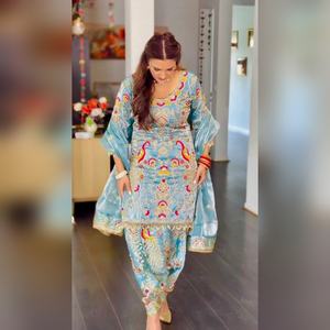 Chic arrival multi color cotton salwar kameez palazzo set featuring Resham work <b>detail</b> and fancy dupatta 2025 collection - Product Image 2