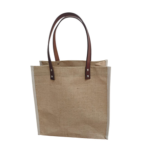 Eco Customized Brand logo PU Leather Handle Plain Blank Linen Burlap Jute Shopping Tote Bag - Product Image 6