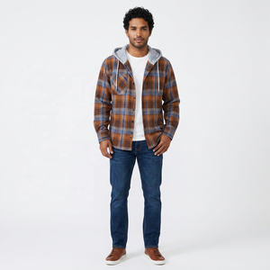 Chemise en flanelle à carreaux pour homme, à capuche, manches longues, boutonnée, coupe décontractée, pour le printemps, motif orange et bleu, tissu tricoté - Product Image 3
