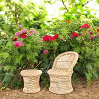 Chaise en corde de bambou avec tabouret pouf Sarkanda Console en incrustation d'os faite à la main pour meubles de patio de jardin intérieur et extérieur